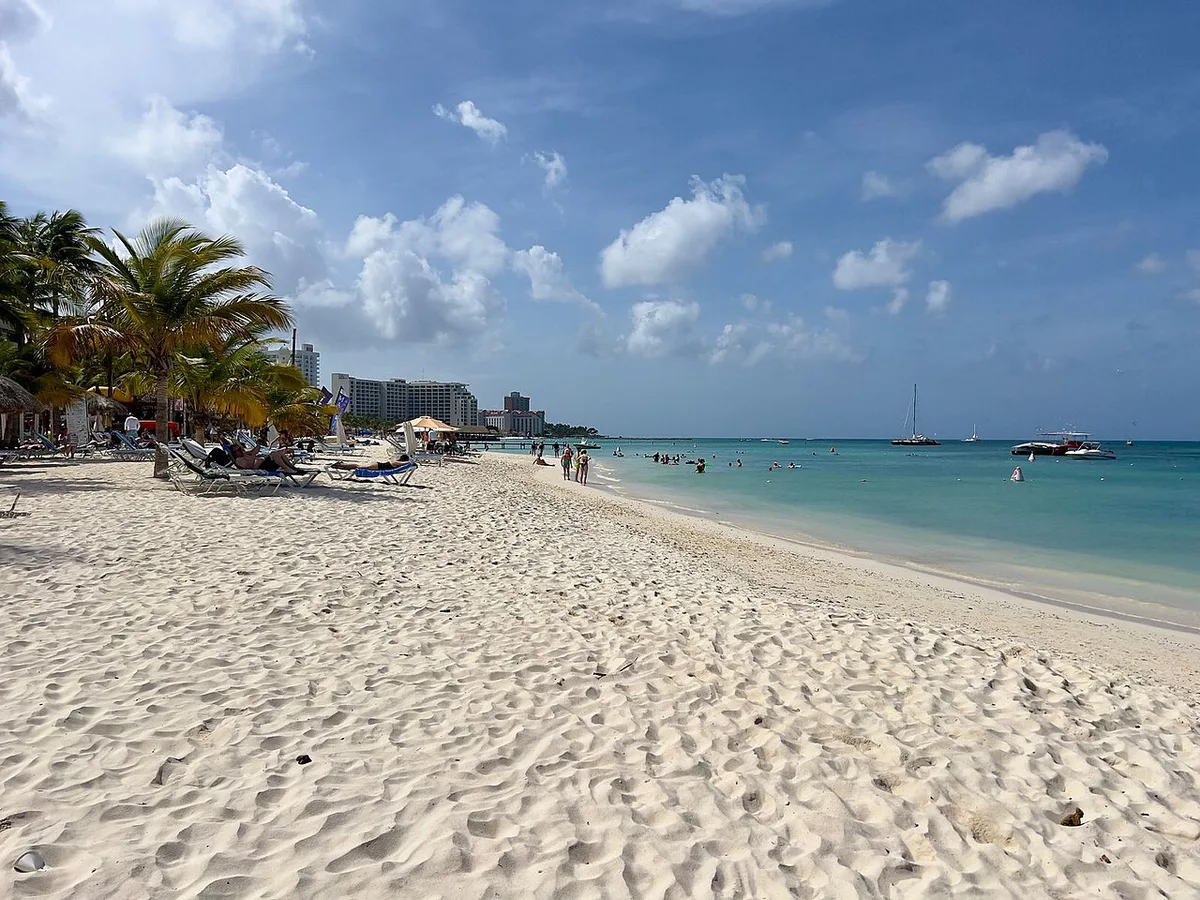 Fofoti tree leaning over white sand and turquoise water at Eagle Beach, Aruba — 1