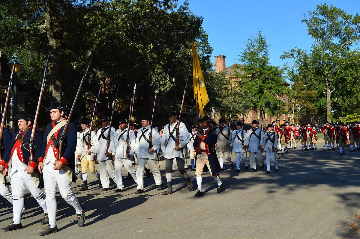 Fife and drum corps marching through Colonial Williamsburg — 2