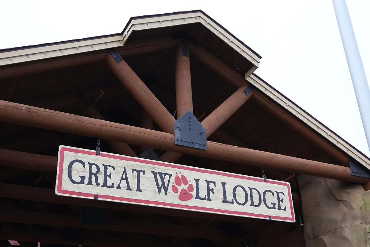 Indoor water park slides under the big windows of a Great Wolf Lodge — 2