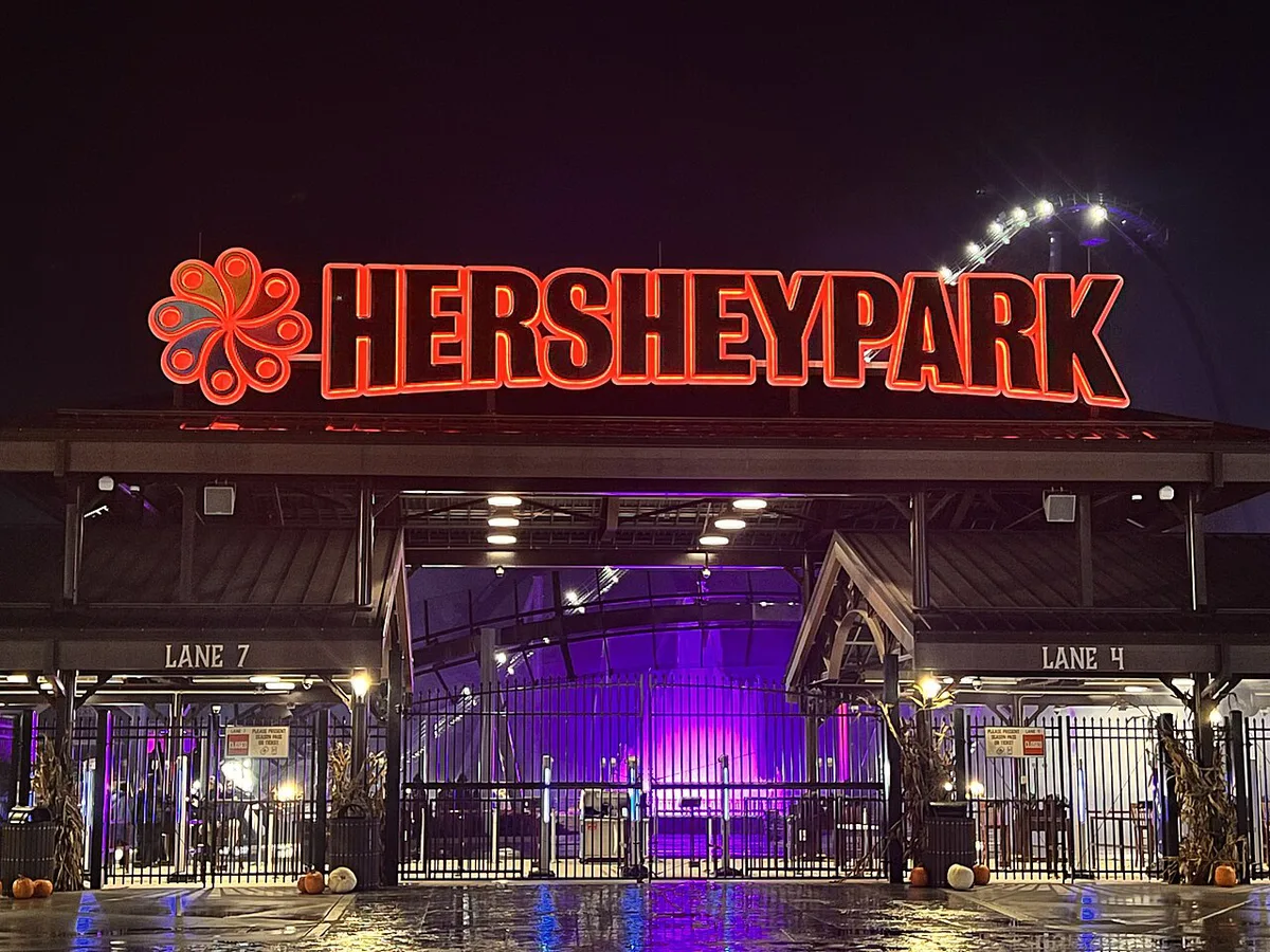 Roller coasters rising over the midway at Hersheypark — 1
