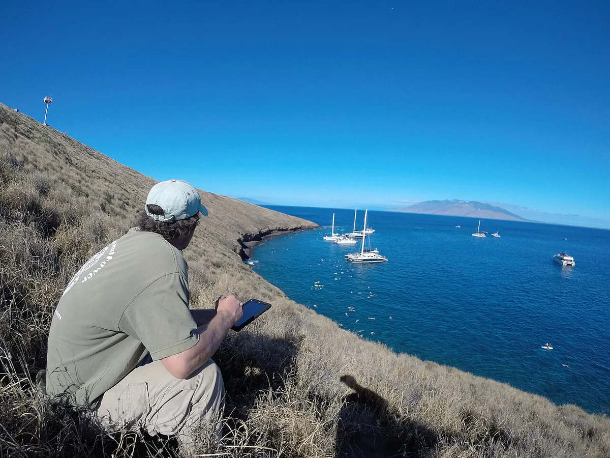 Crescent-shaped Molokini Crater rising from clear blue water off Maui — 1