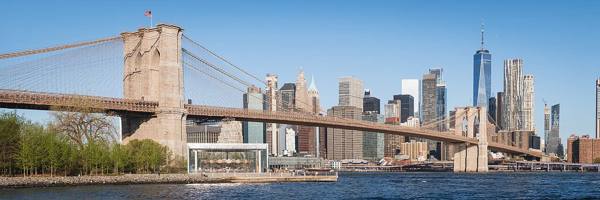 Brooklyn Bridge and the Lower Manhattan skyline from Pebble Beach New York — 1