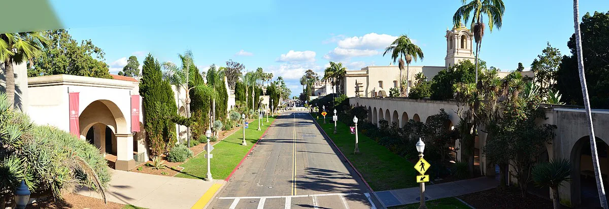 Fleet Science Center building and fountain plaza in Balboa Park — 2