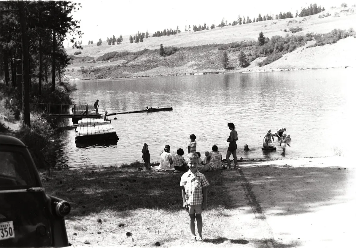 Swimming at Fort Spokane dock area. Taken by Superintendent Hugh Peyton for illustration. Taken 1955. (02720461-0f48-42d2-aefc-cbc382be53c8) — 1